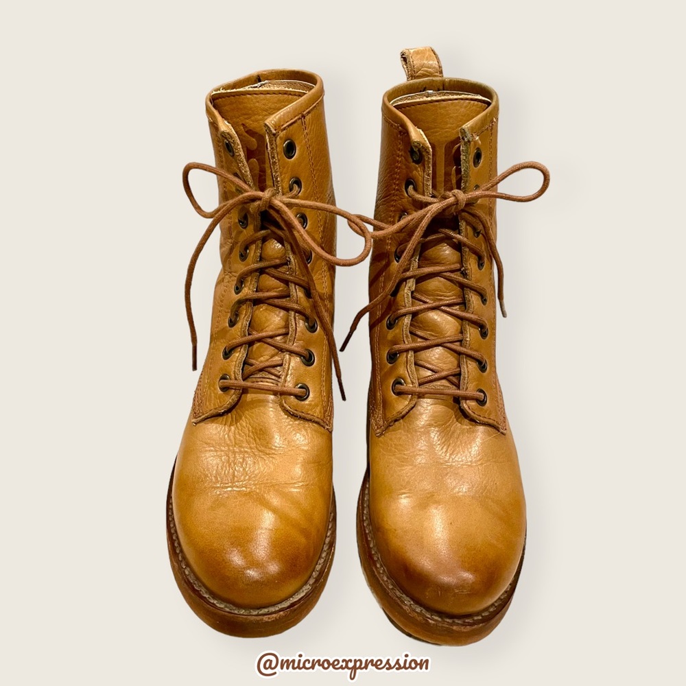 $399 Frye Veronica Combat Tan Brown Leather Lace Up Moto Comfy Everyday Boot - Picture 7 of 13